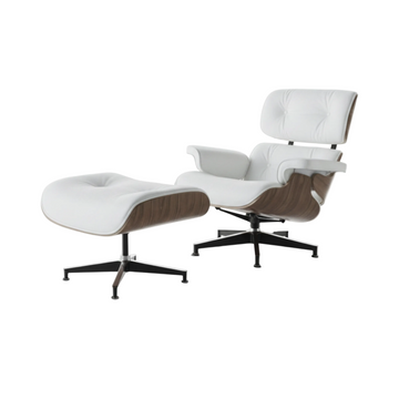 White lounge chair with wooden accents on a white background