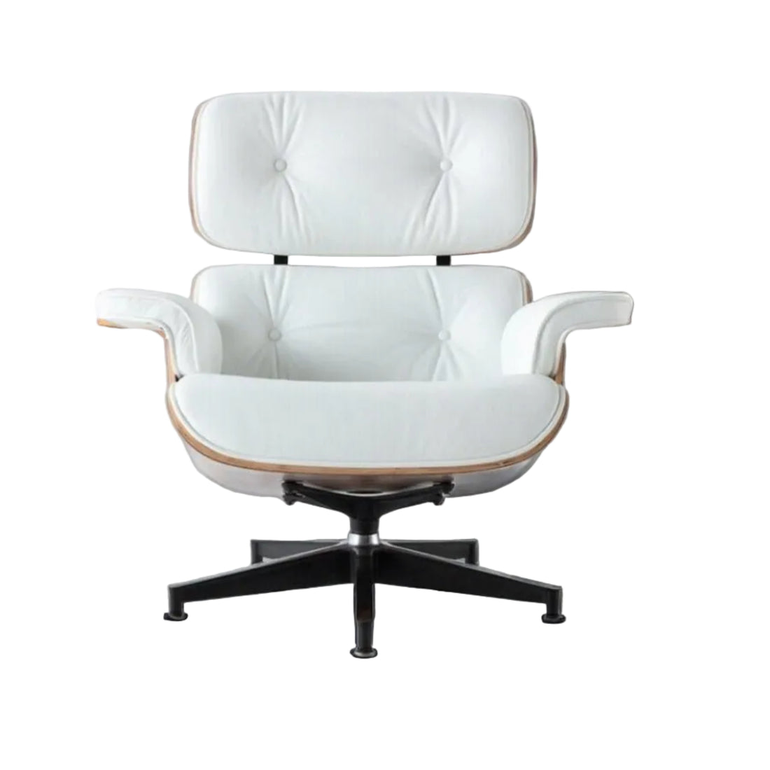 White lounge chair with wooden accents on a white background