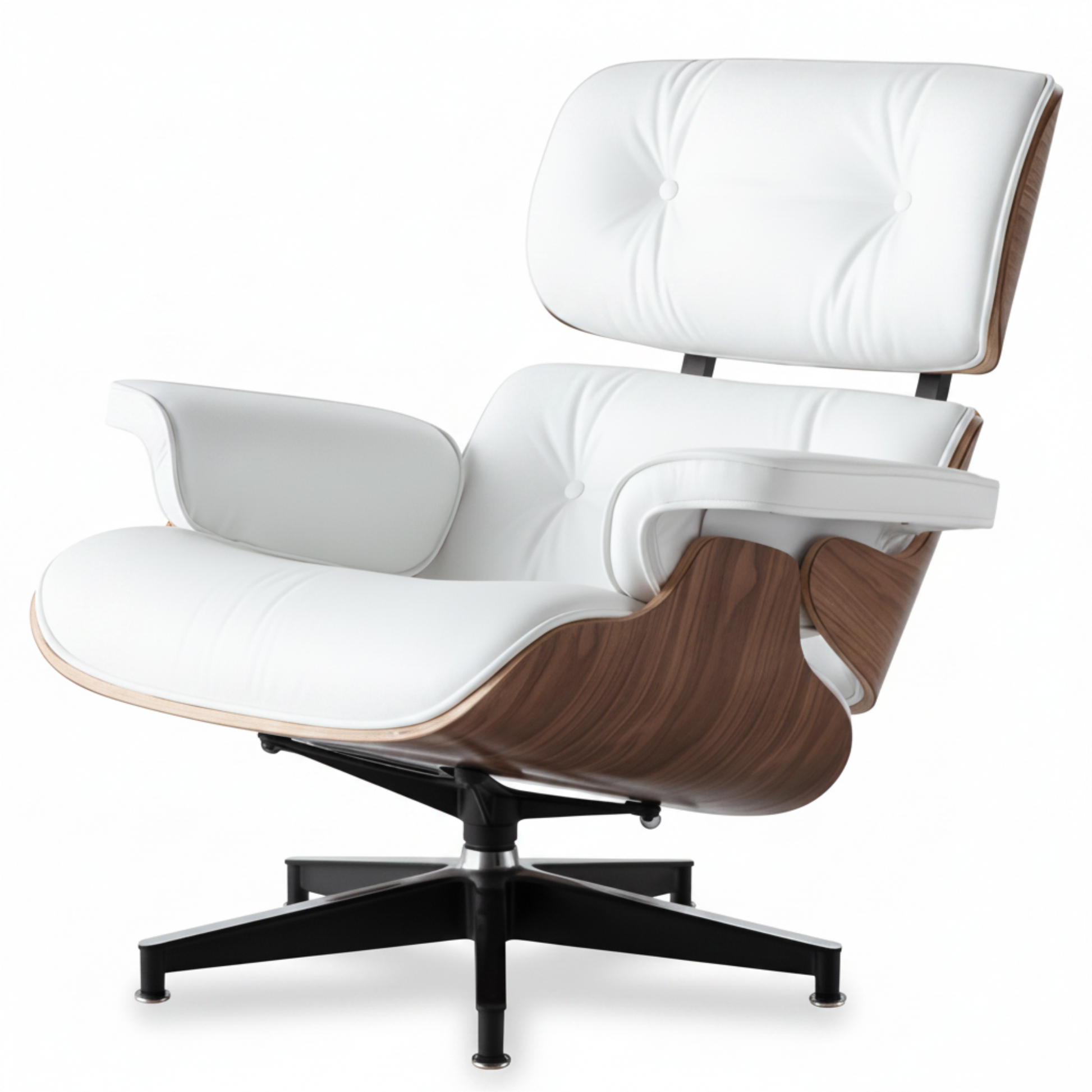 White lounge chair with wooden armrests on a white background