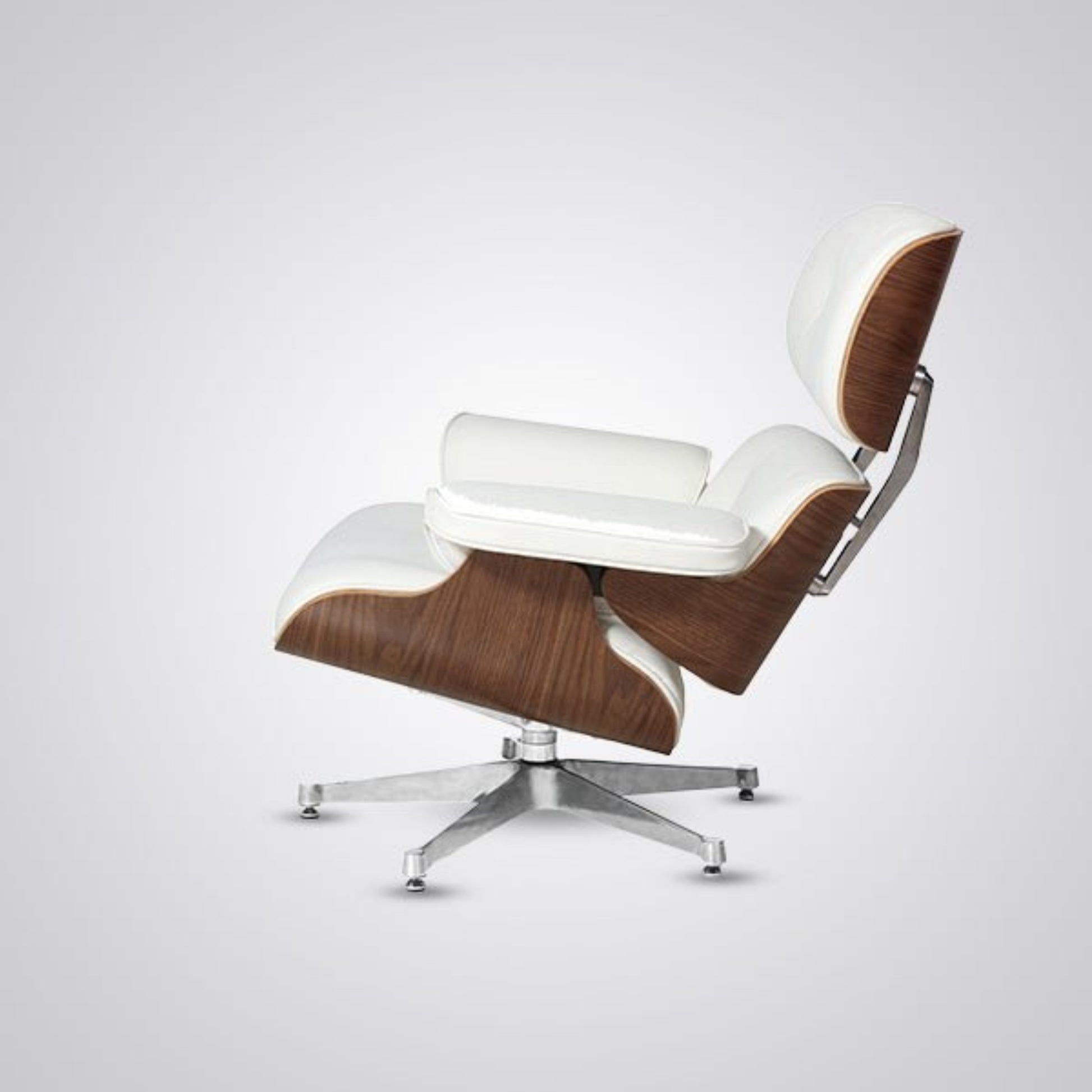 Modern lounge chair with wooden accents and white cushion on a light gray background