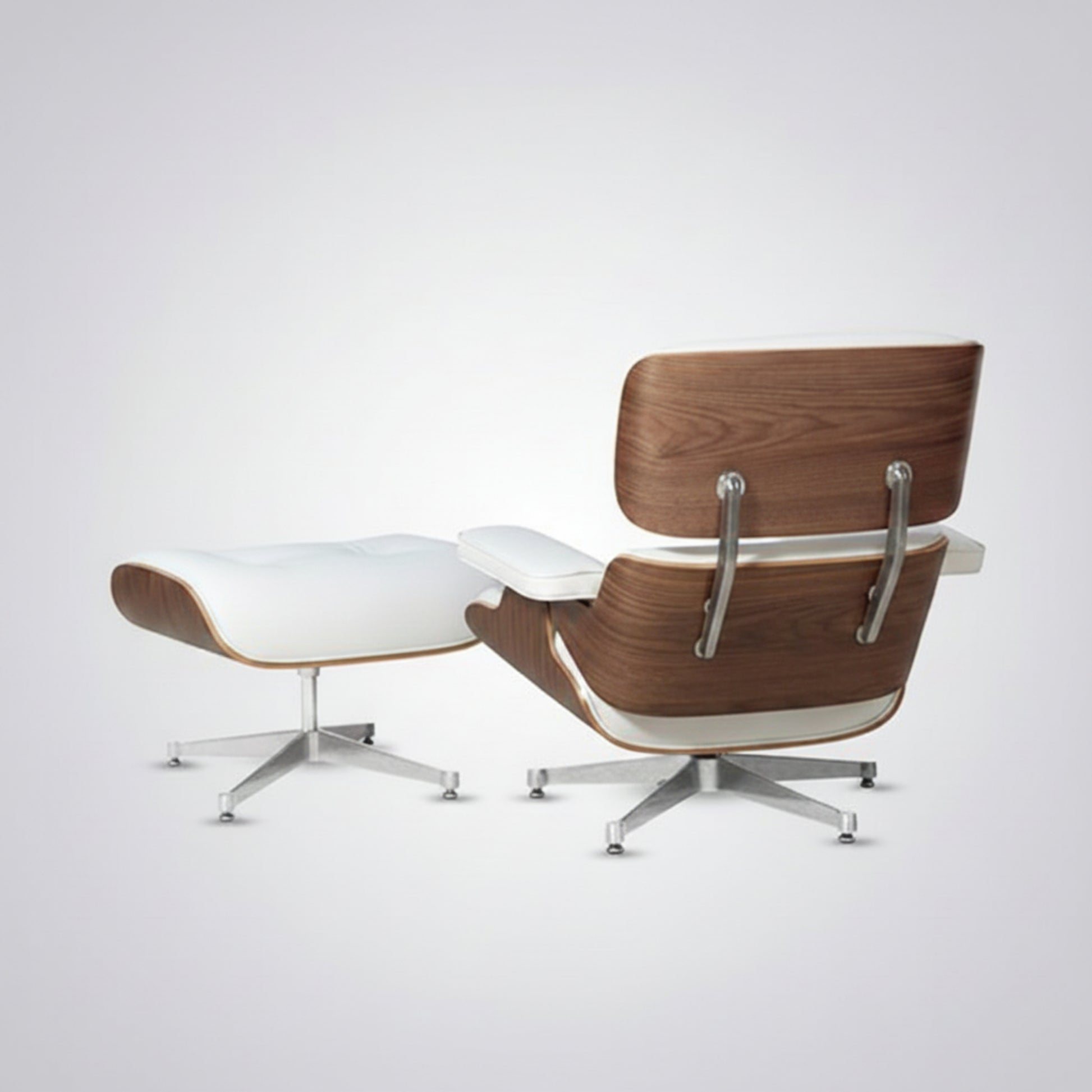 Modern lounge chair with wooden backrest and white seat on a light gray background