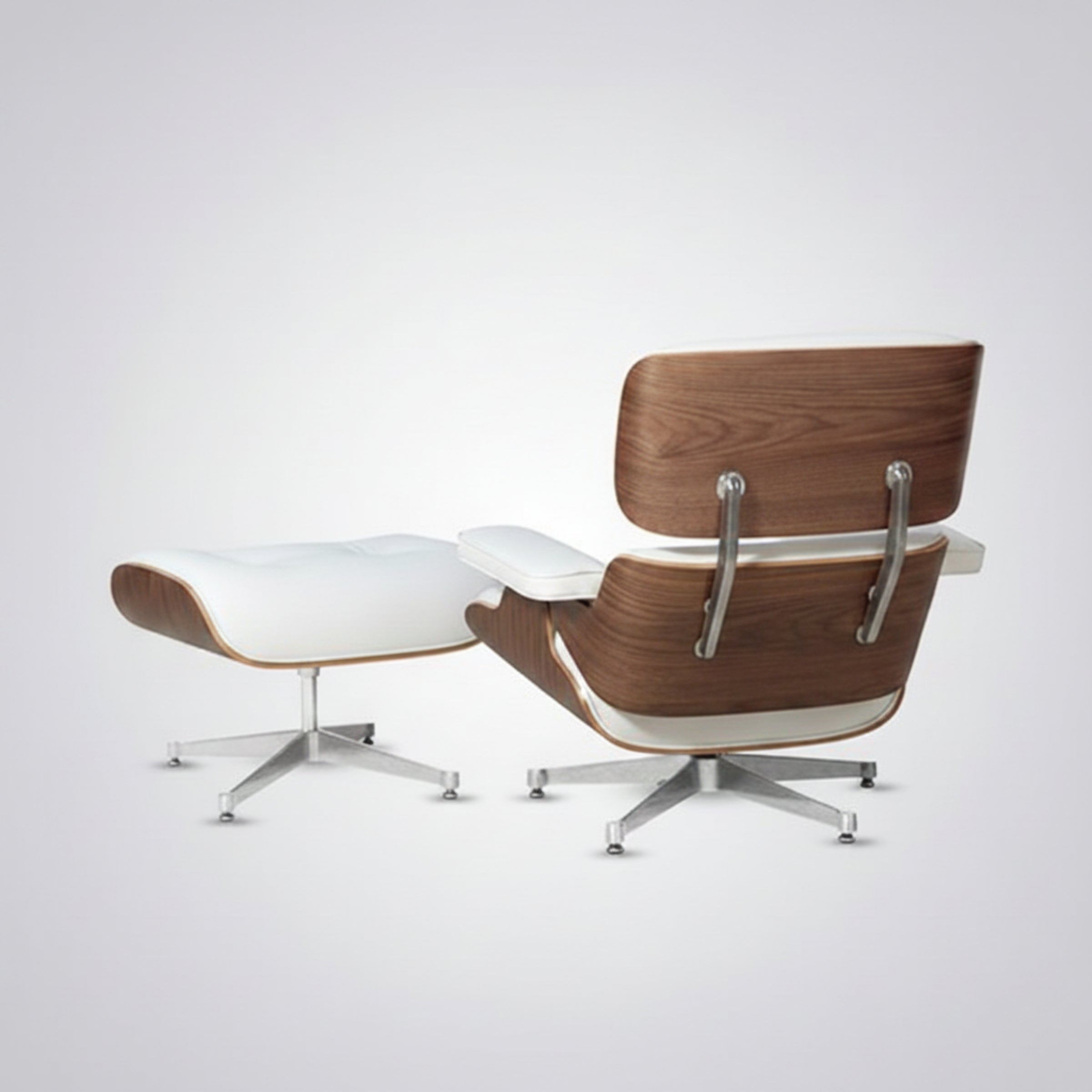 Modern lounge chair with wooden backrest and white seat on a light gray background