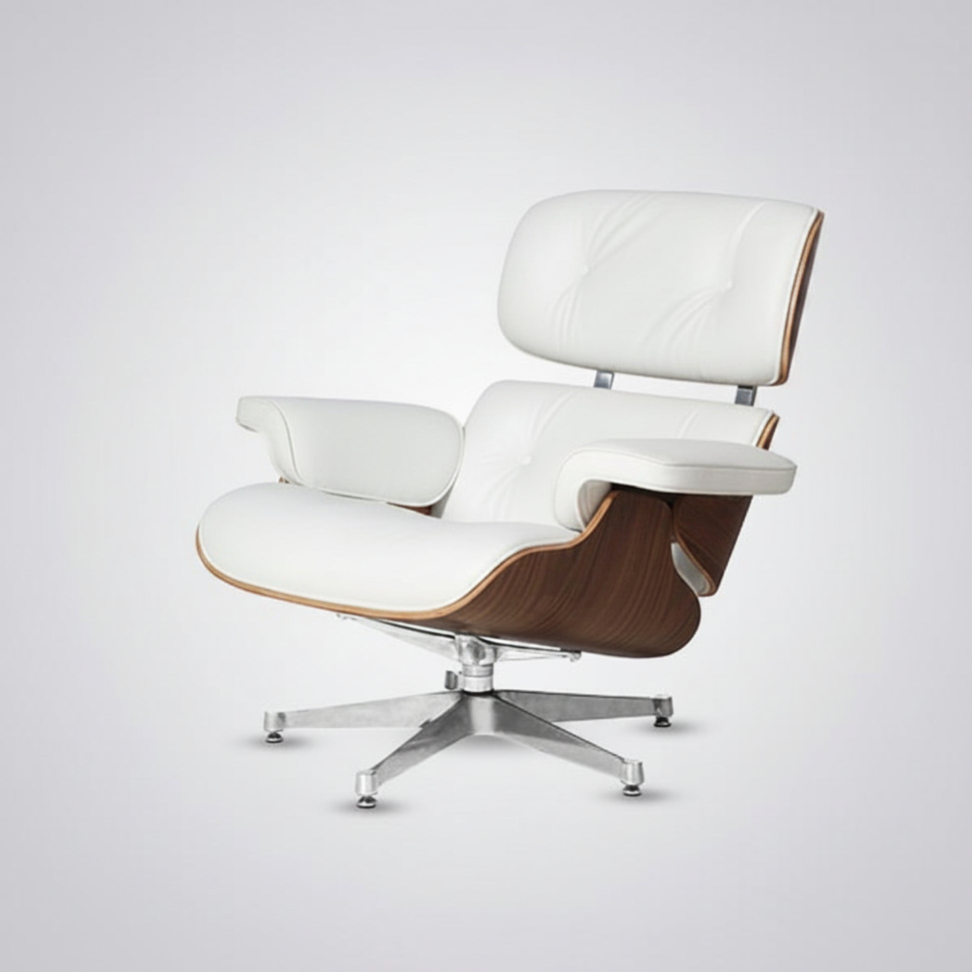 Modern white lounge chair with wooden accents on a light gray background