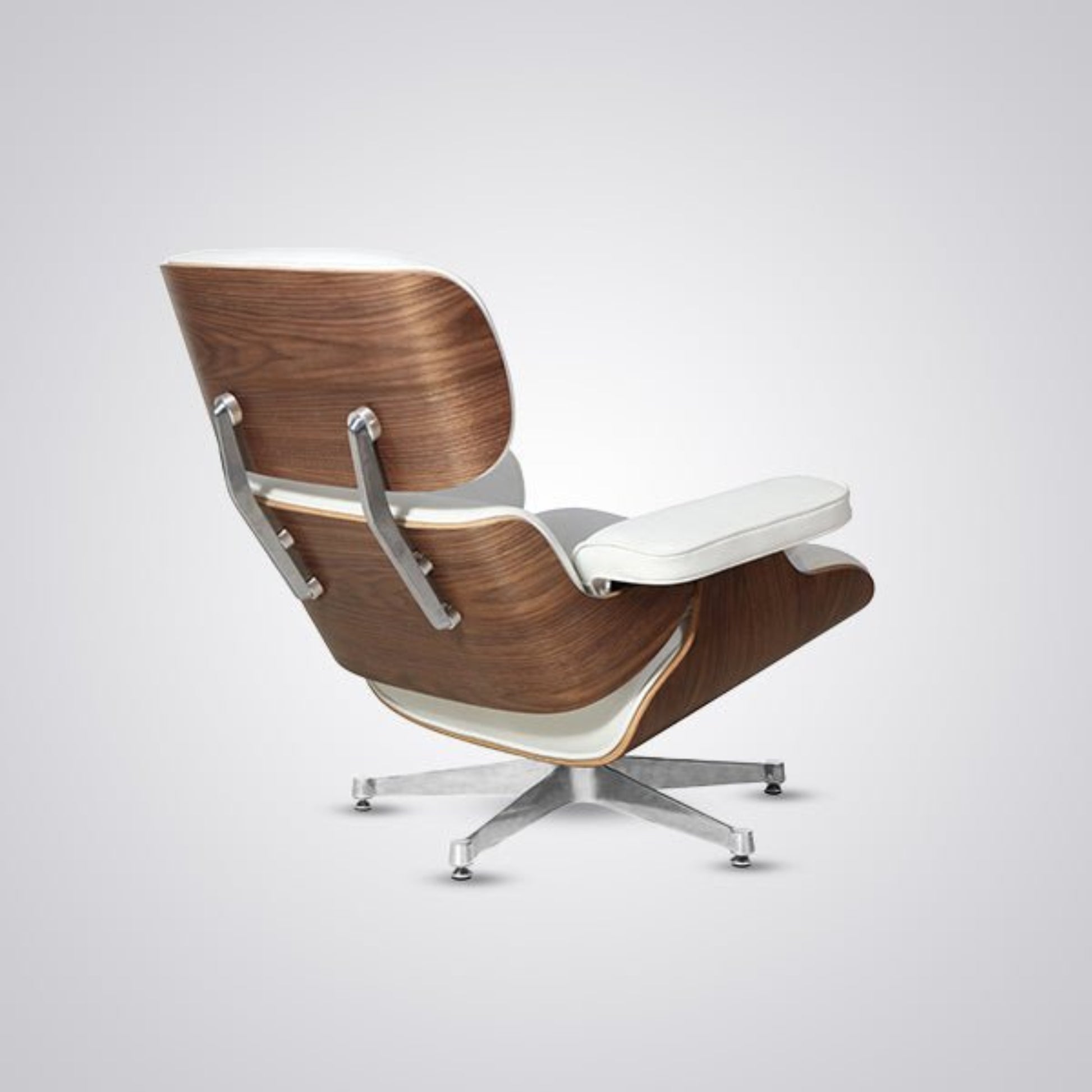 Modern chair with wooden backrest and white seat on a light gray background