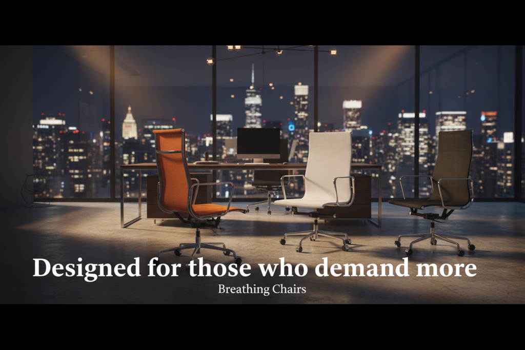 Three modern office chairs in orange, white, and dark gray are arranged around a desk in a furnished room with a city skyline visible through large windows. 