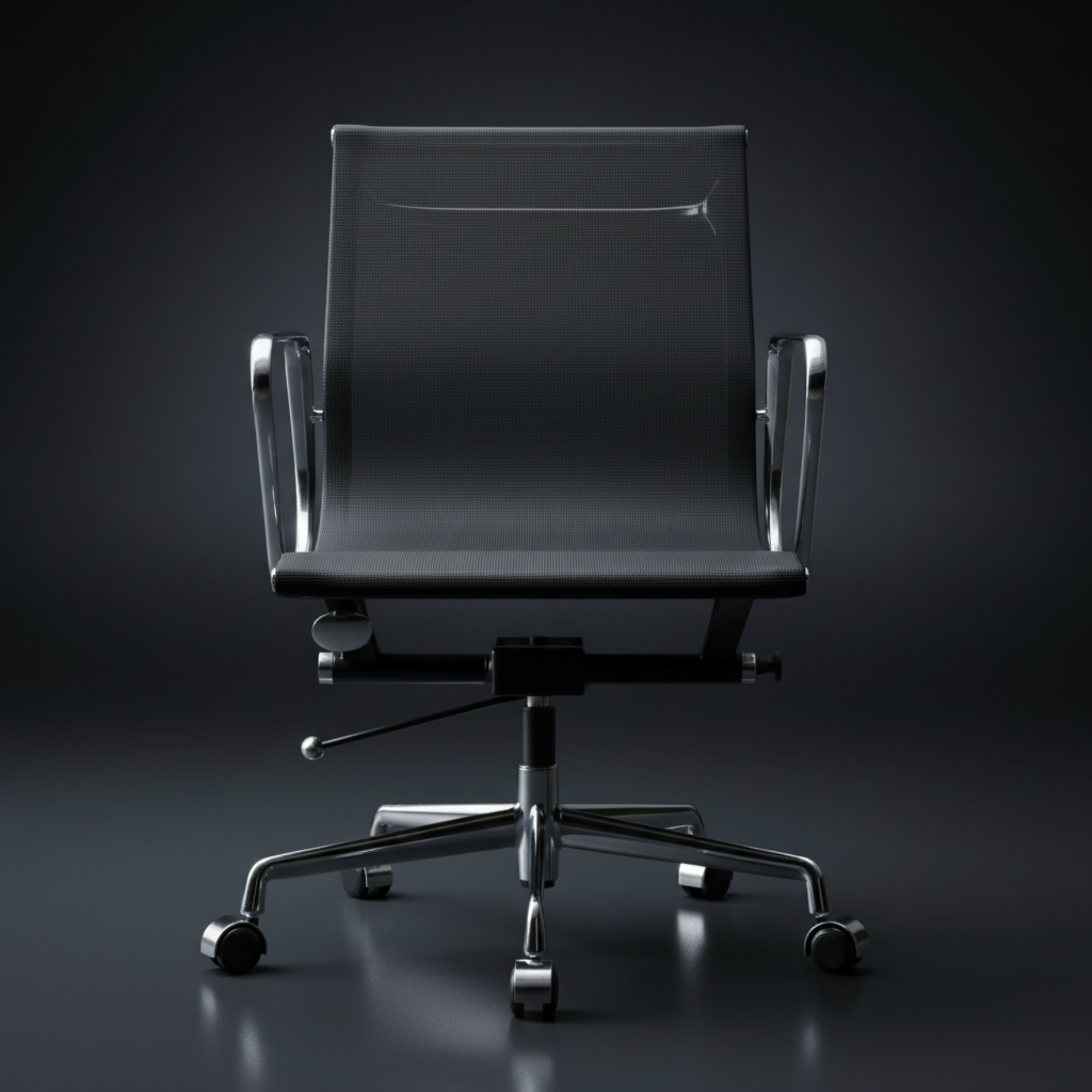 A modern black mesh and upholstered office chair with chrome five-star base and casters, centered against a dark studio background.