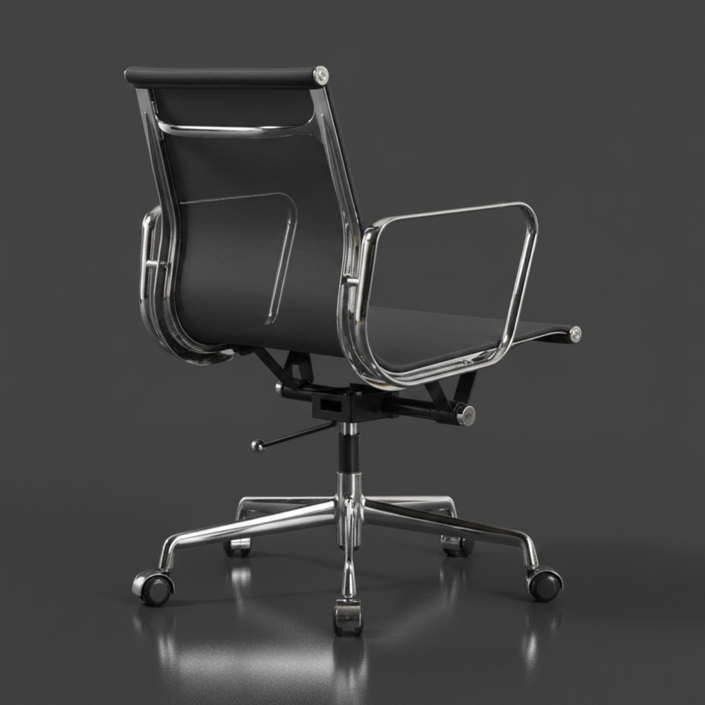 A modern black mesh office chair with a polished chrome five-star base and armrests