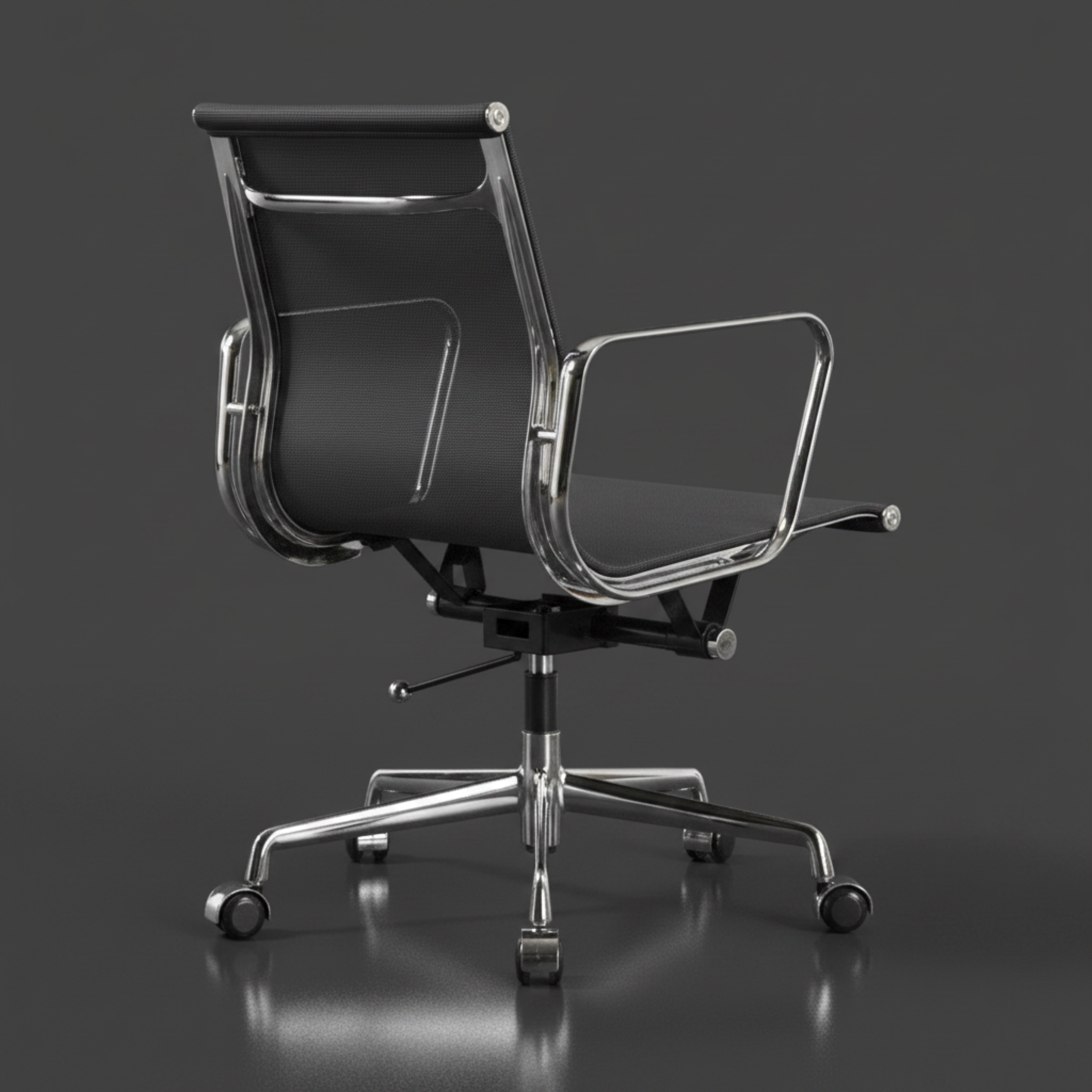 A modern black mesh office chair with a polished chrome five-star base and armrests