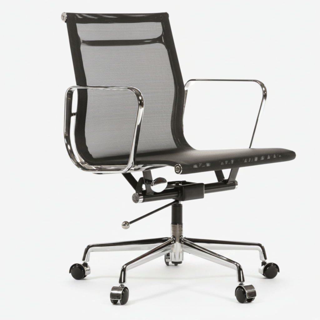 A modern office chair with a black mesh backrest and seat, supported by a chrome five-star base with casters.
