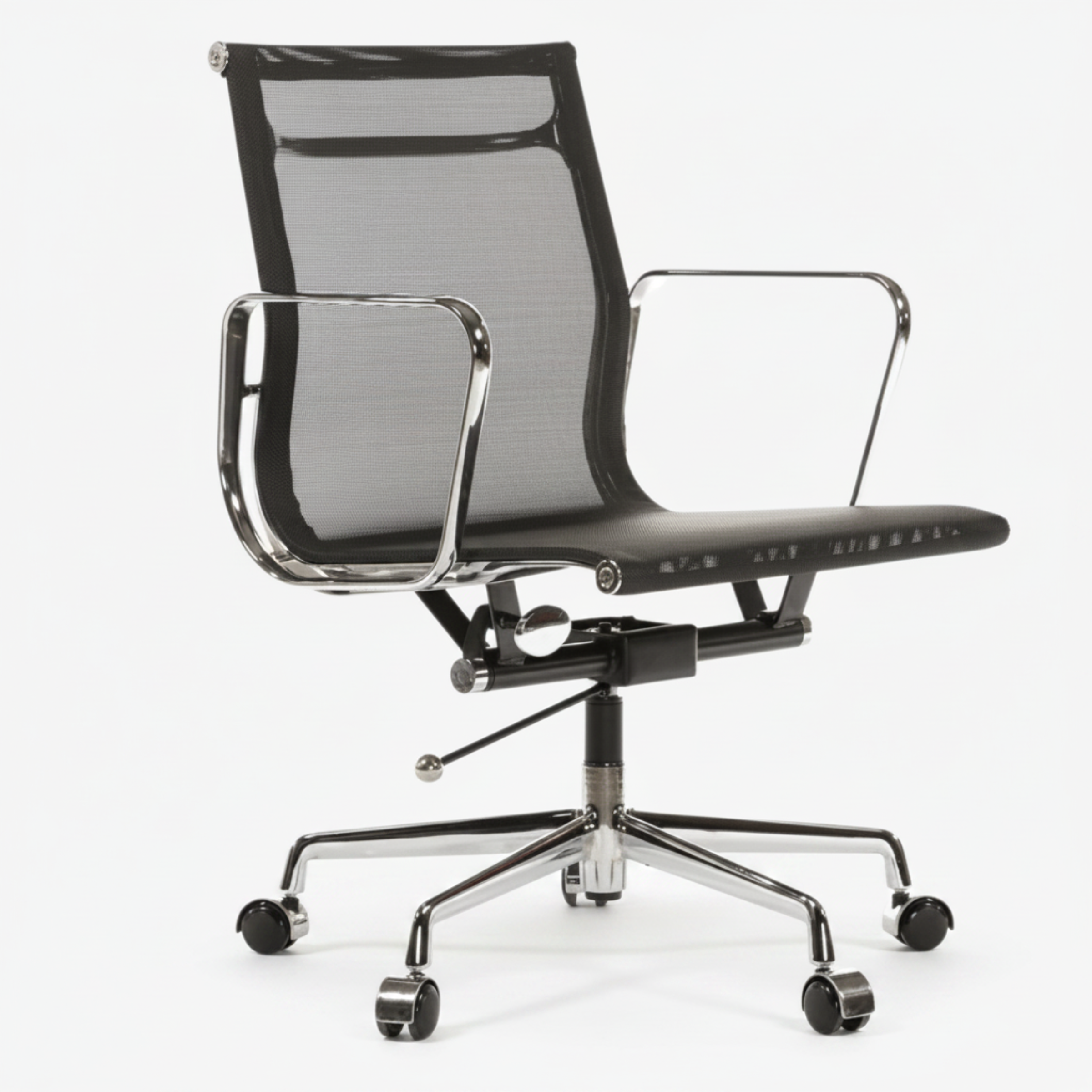 A modern office chair with a black mesh backrest and seat, supported by a chrome five-star base with casters.
