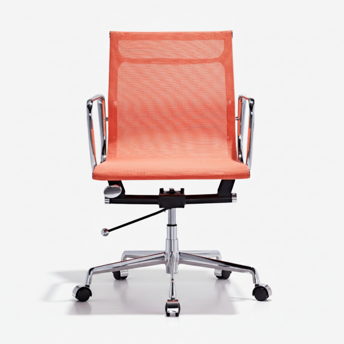 An orange mesh office chair with a chrome five-star base and black casters