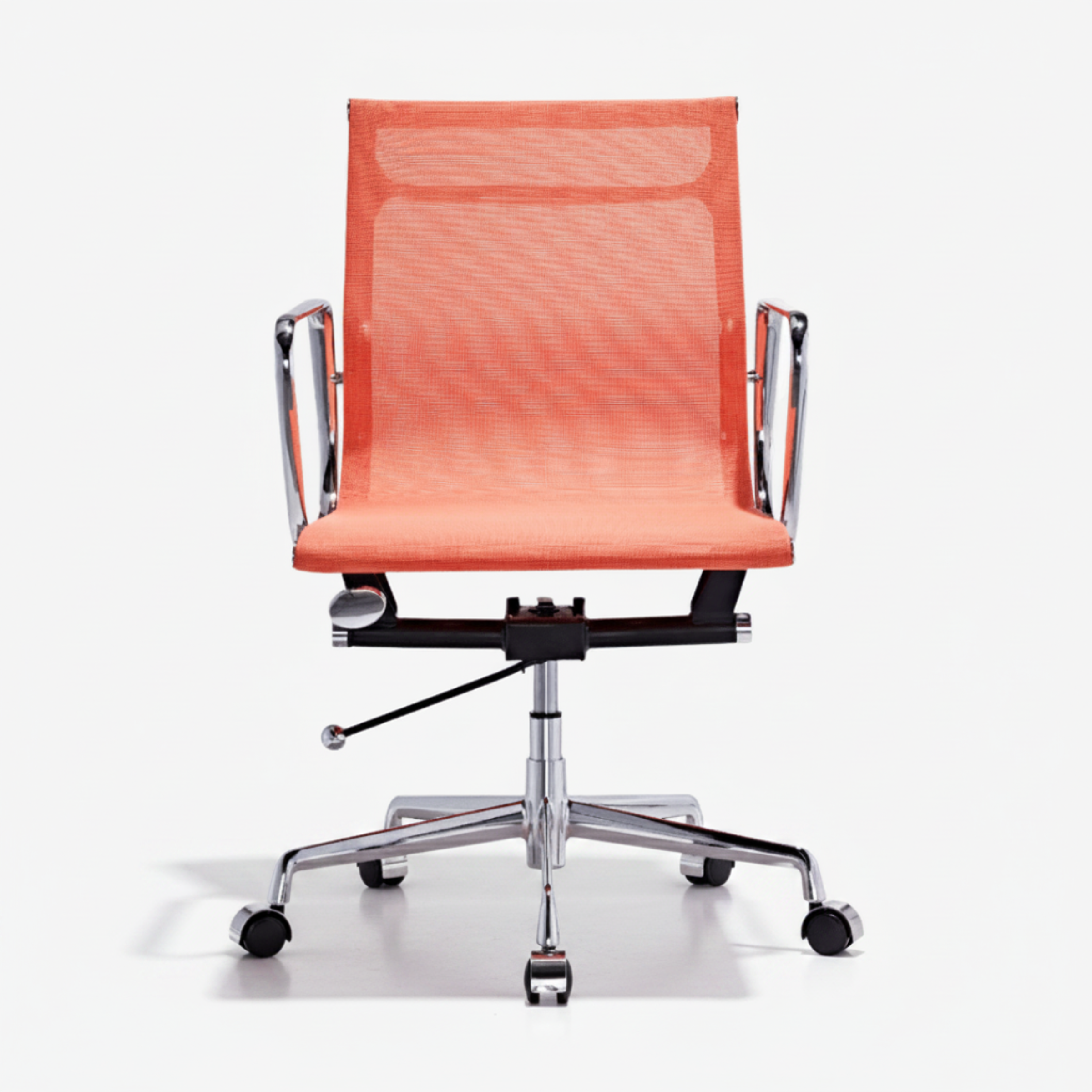 An orange mesh office chair with a chrome five-star base and black casters
