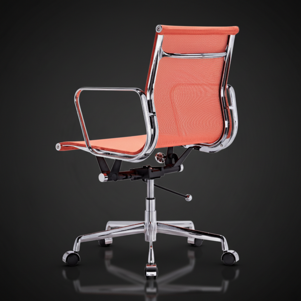 An office chair with a bright orange mesh seat and backrest, supported by a polished chrome five-star base