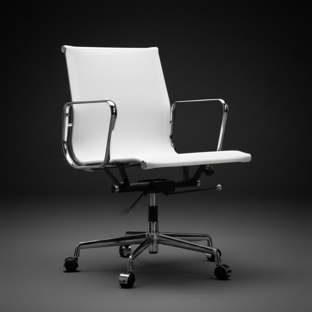 A modern white office chair with a high back, chrome metal armrests and base, and black casters, photographed against a dark gray studio background.