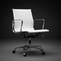 A modern white office chair with a high back, chrome metal armrests and base, and black casters, photographed against a dark gray studio background.