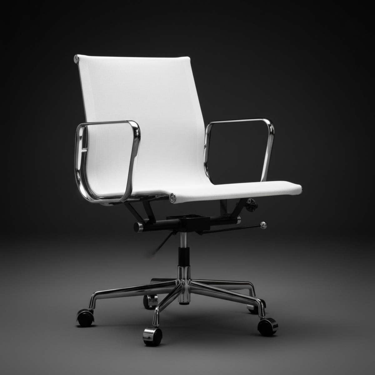 A modern white office chair with a high back, chrome metal armrests and base, and black casters, photographed against a dark gray studio background.