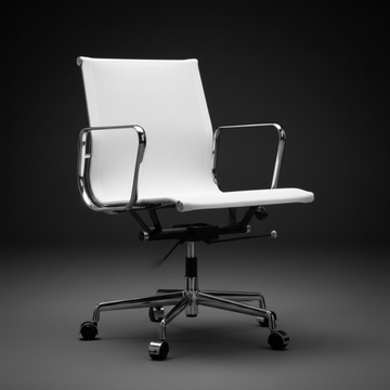 A modern white office chair with a high back, chrome metal armrests and base, and black casters, photographed against a dark gray studio background.
