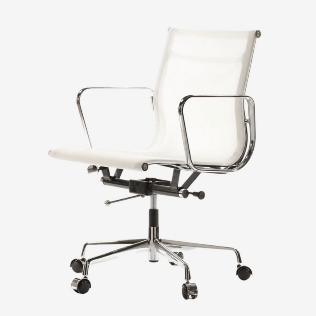 White office chair with a black metal base on a white background