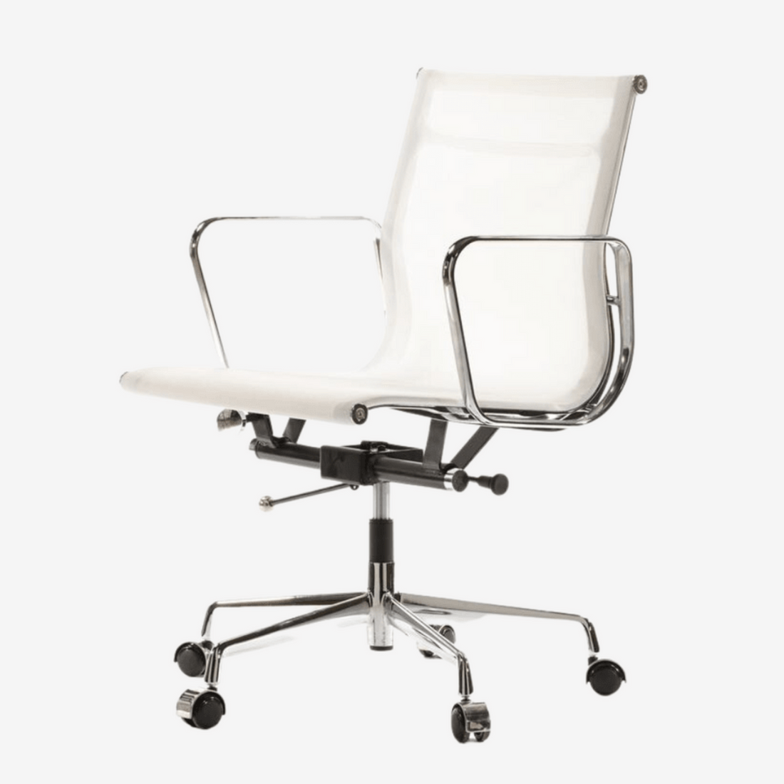 A modern white office chair with a high back, chrome metal armrests and base, and black casters, photographed against a dark gray studio background.