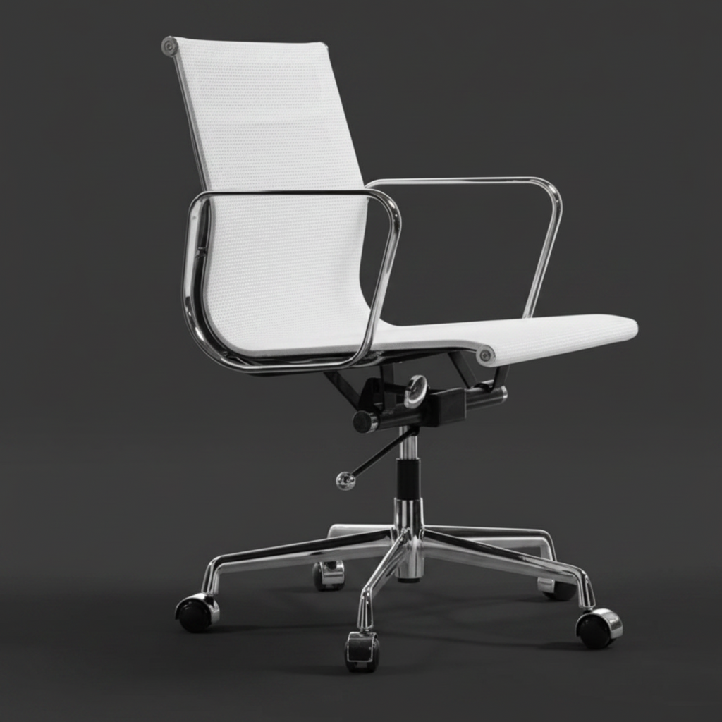 A modern white mesh office chair with chrome metal armrests and a five-star wheeled base, shown against a dark gray studio background.