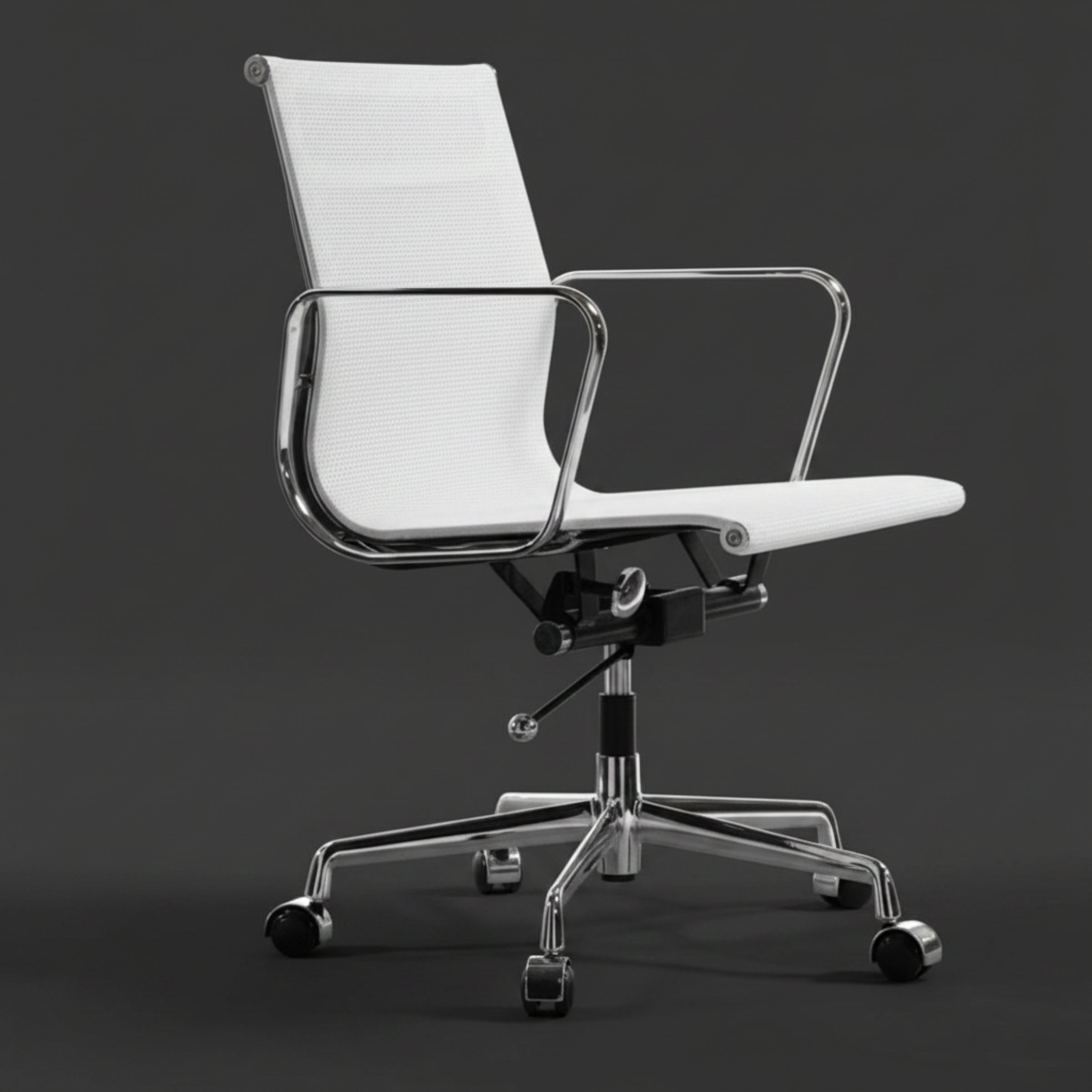 A modern white mesh office chair with chrome metal armrests and a five-star wheeled base, shown against a dark gray studio background.