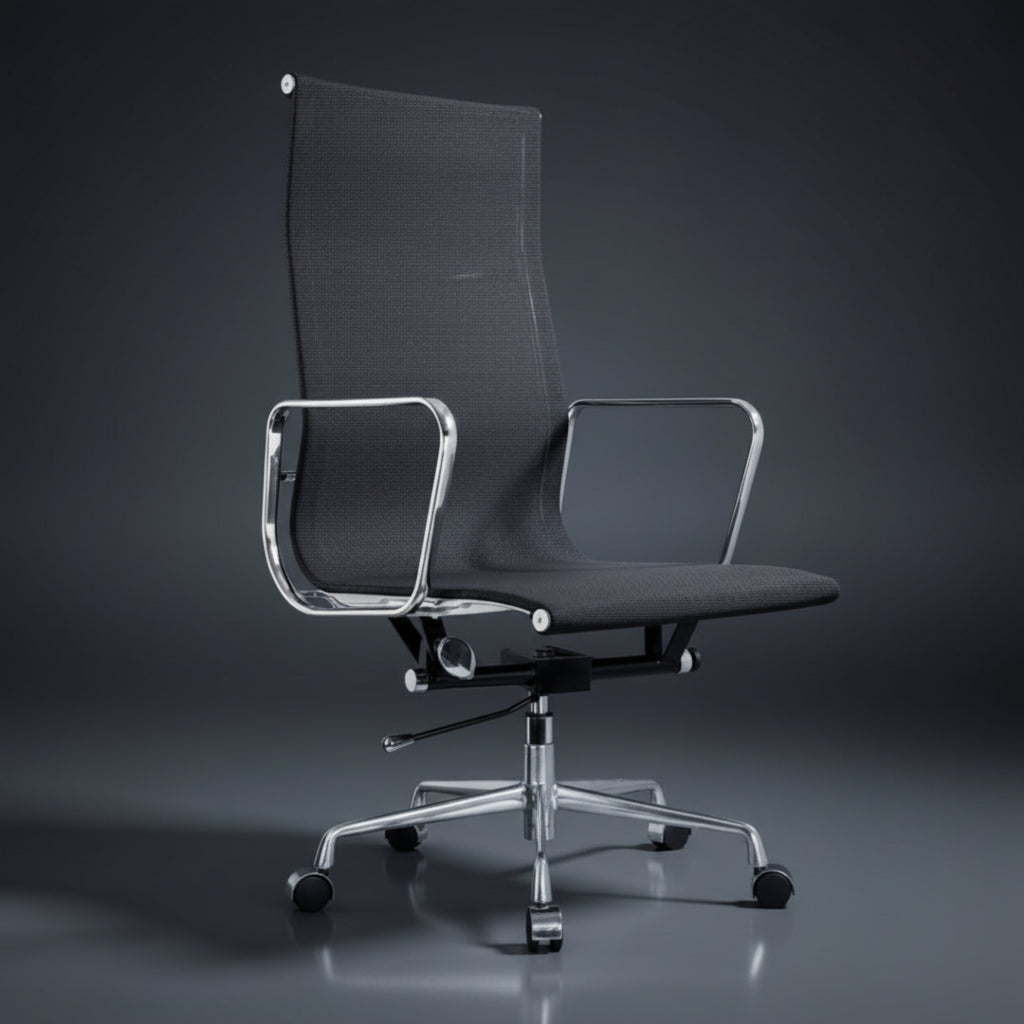 A modern high-back office chair with a black mesh back and seat, supported by a polished chrome five-star base 