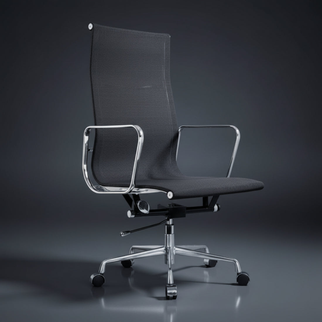 A modern high-back office chair with a black mesh back and seat, supported by a polished chrome five-star base 
