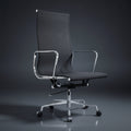 A modern high-back office chair with a black mesh back and seat, supported by a polished chrome five-star base 