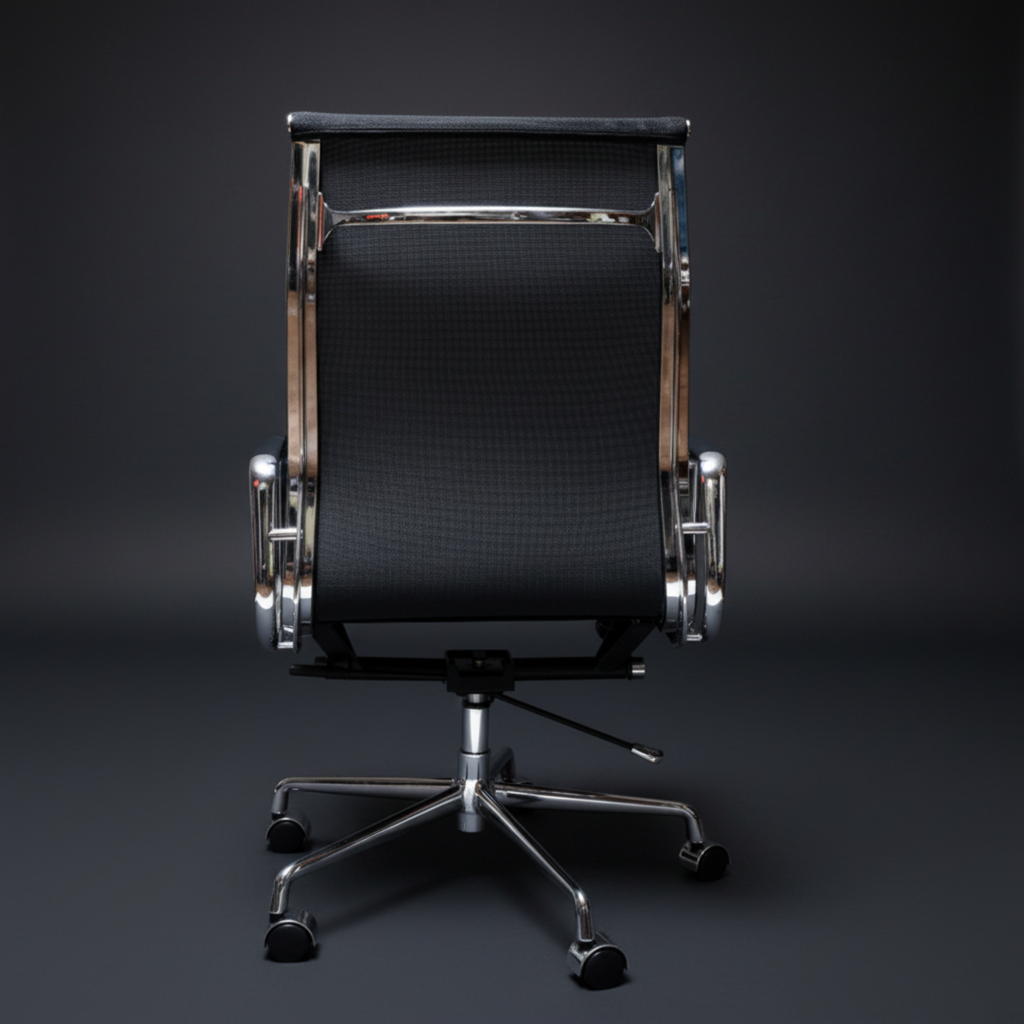 A modern office chair with a black textured mesh backrest, polished chrome metal frame, armrests, and a five-star wheeled base