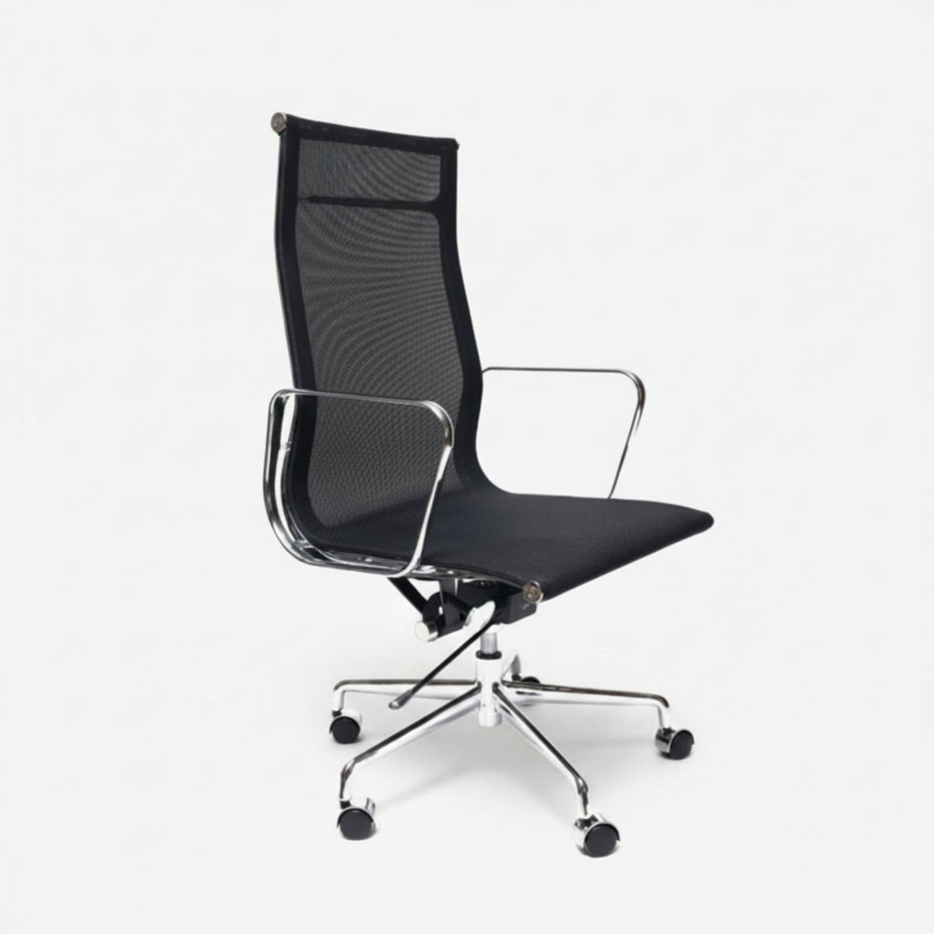 A modern black mesh office chair with a high back, chrome armrests, and a five-star wheeled base, shown against a plain white background.
