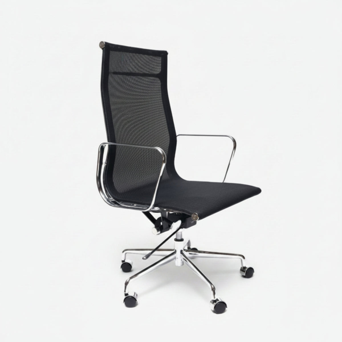 A modern black mesh office chair with a high back, chrome armrests, and a five-star wheeled base, shown against a plain white background.