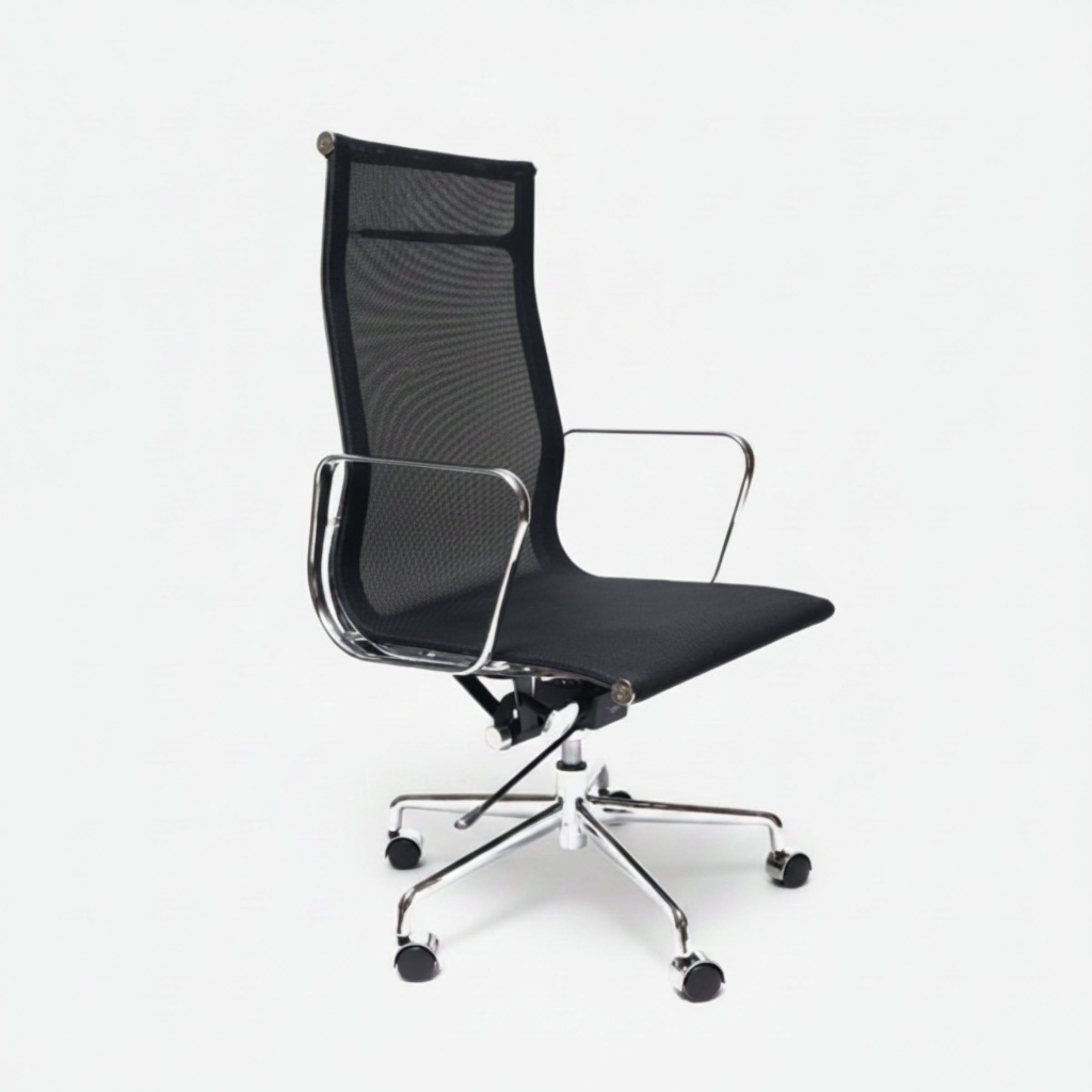 A modern black mesh office chair with a high back, chrome armrests, and a five-star wheeled base, shown against a plain white background.