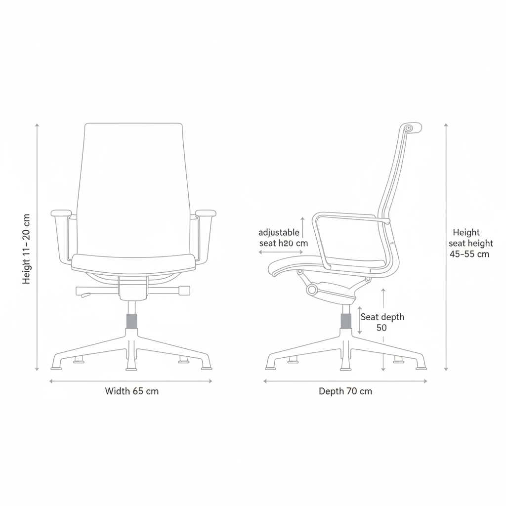 A black and white line drawing showing two views of an office chair with dimension labels: front view labeled height 11-20 cm, width 65 cm, and side view labeled adjustable seat height 45-55 cm, seat depth 50 cm, and overall height 11-20 cm.