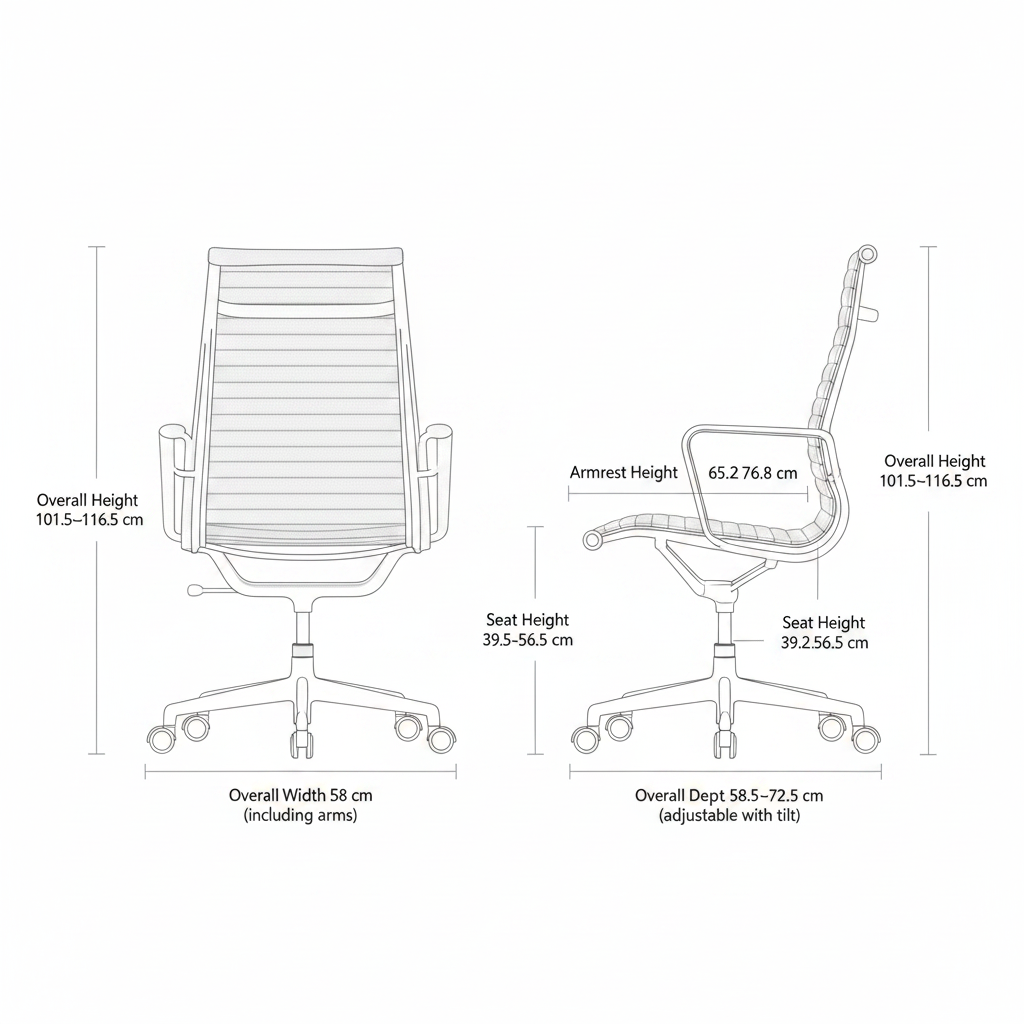 A black and white line drawing diagram of an office chair showing front and side views with labeled dimensions for overall height, seat height, armrest height, and overall width/depth.