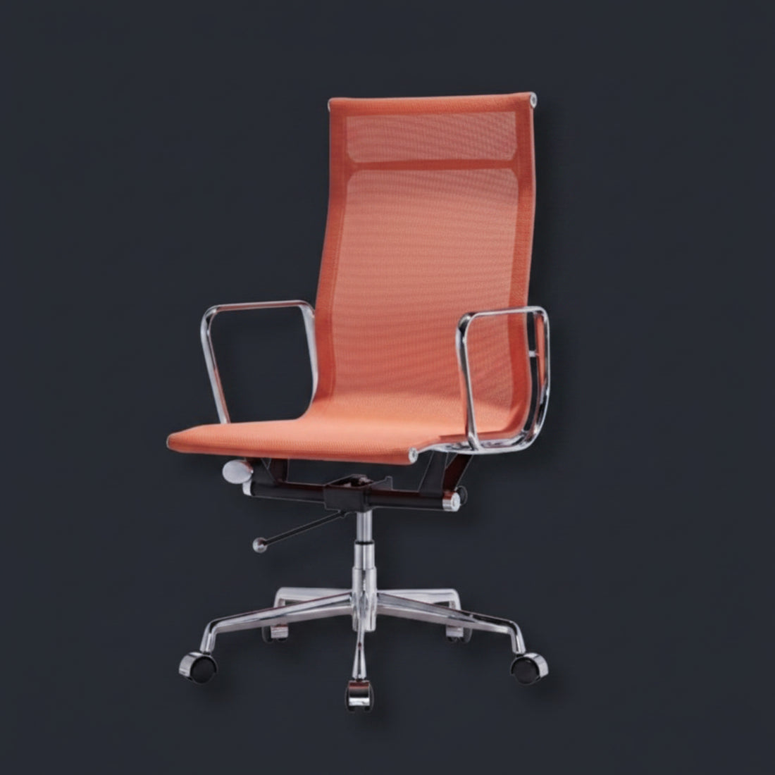An orange mesh office chair with a high back, chrome armrests, and a chrome five-star base