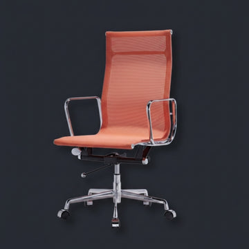 An orange mesh office chair with a high back, chrome armrests, and a chrome five-star base