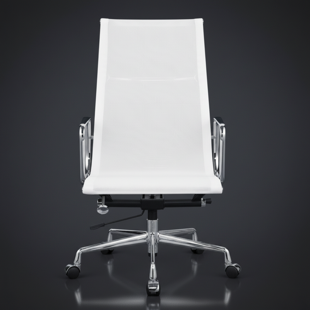 A modern high-back office chair with a white upholstered seat and backrest, chrome metal armrests, and a five-star wheeled base