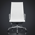 A modern high-back office chair with a white upholstered seat and backrest, chrome metal armrests, and a five-star wheeled base