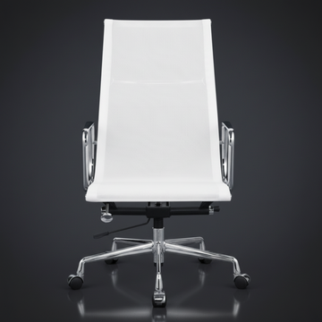 A modern high-back office chair with a white upholstered seat and backrest, chrome metal armrests, and a five-star wheeled base