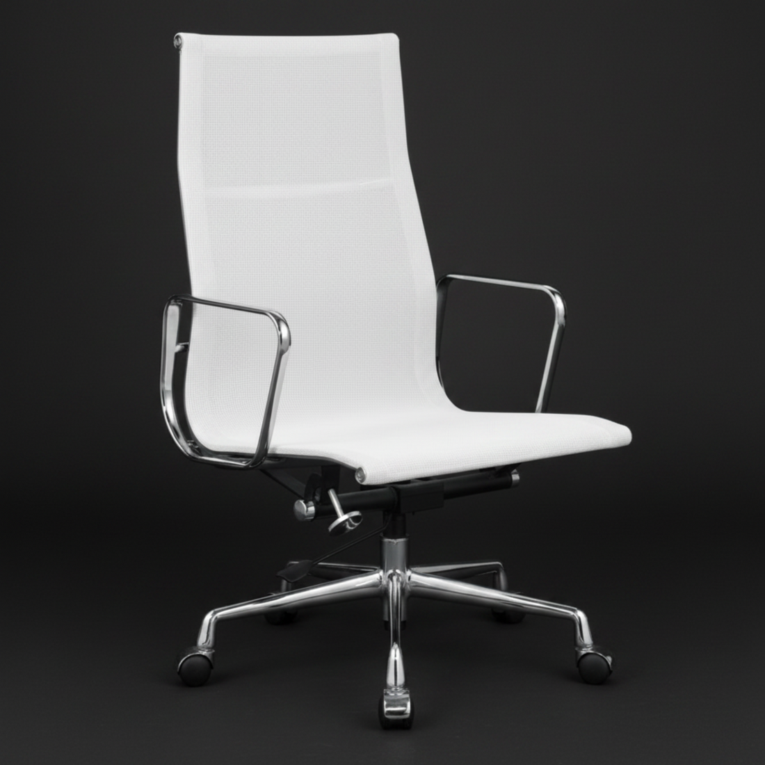 A modern high-back office chair with a white upholstered seat and backrest, chrome metal armrests, and a five-star wheeled base