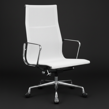 A modern white office chair with a high back, upholstered in smooth white material, featuring chrome metal armrests