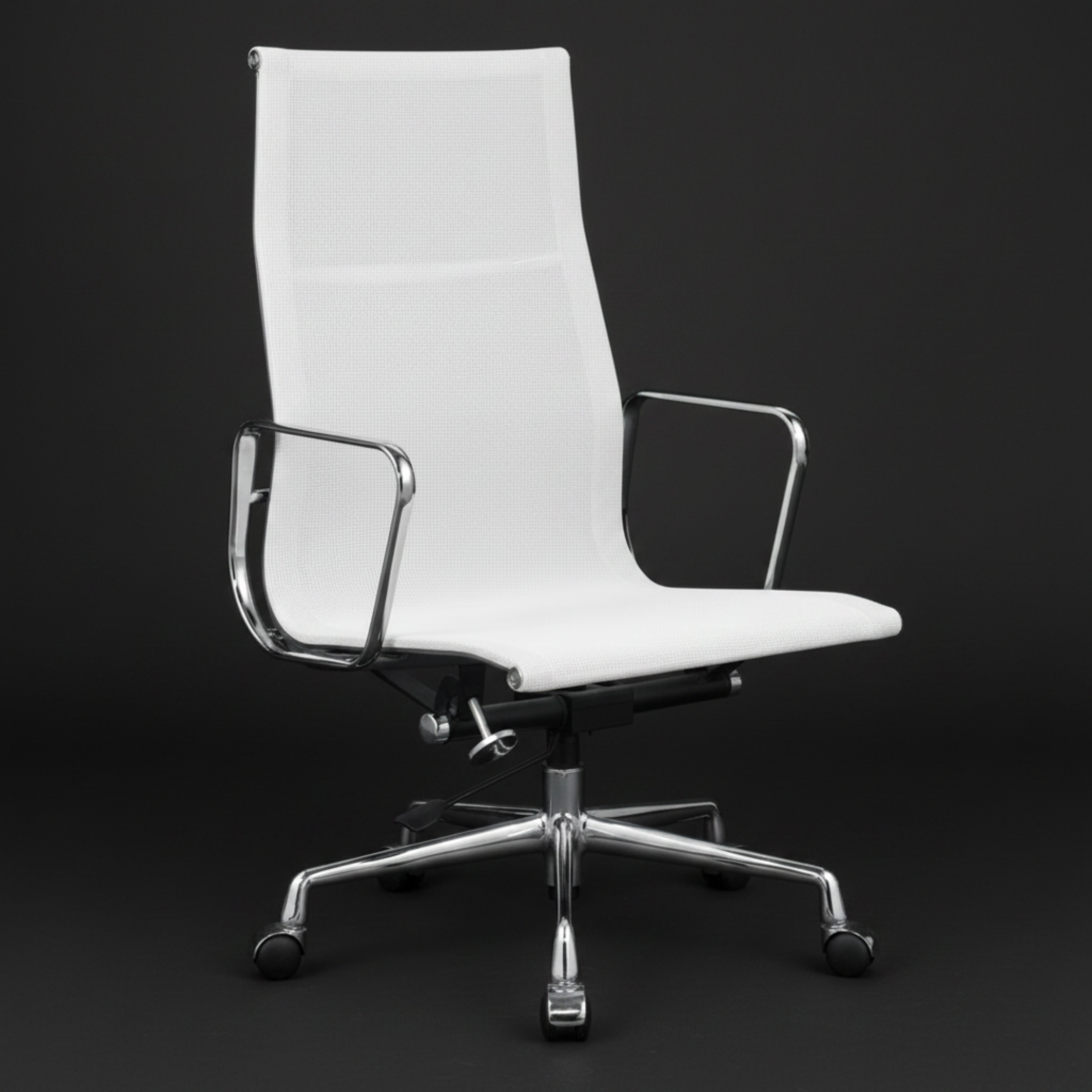A modern white office chair with a high back, upholstered in smooth white material, featuring chrome metal armrests
