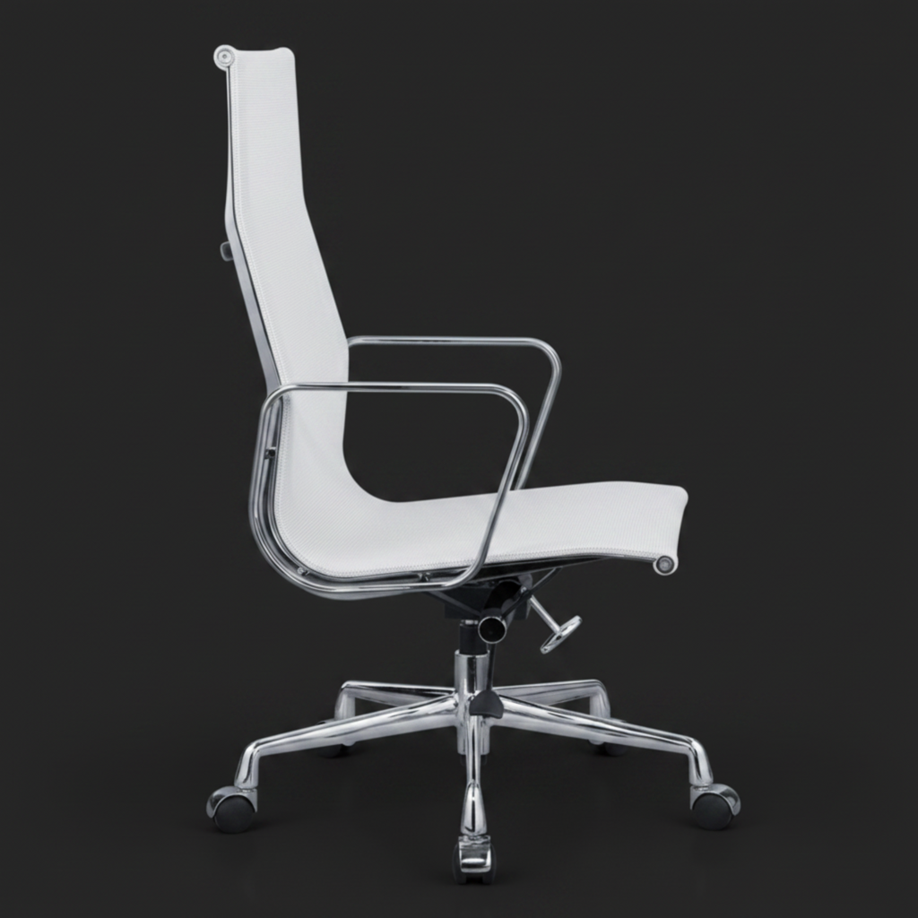 A modern high-back office chair with a white upholstered seat and backrest, supported by a polished chrome five-star base with black casters.