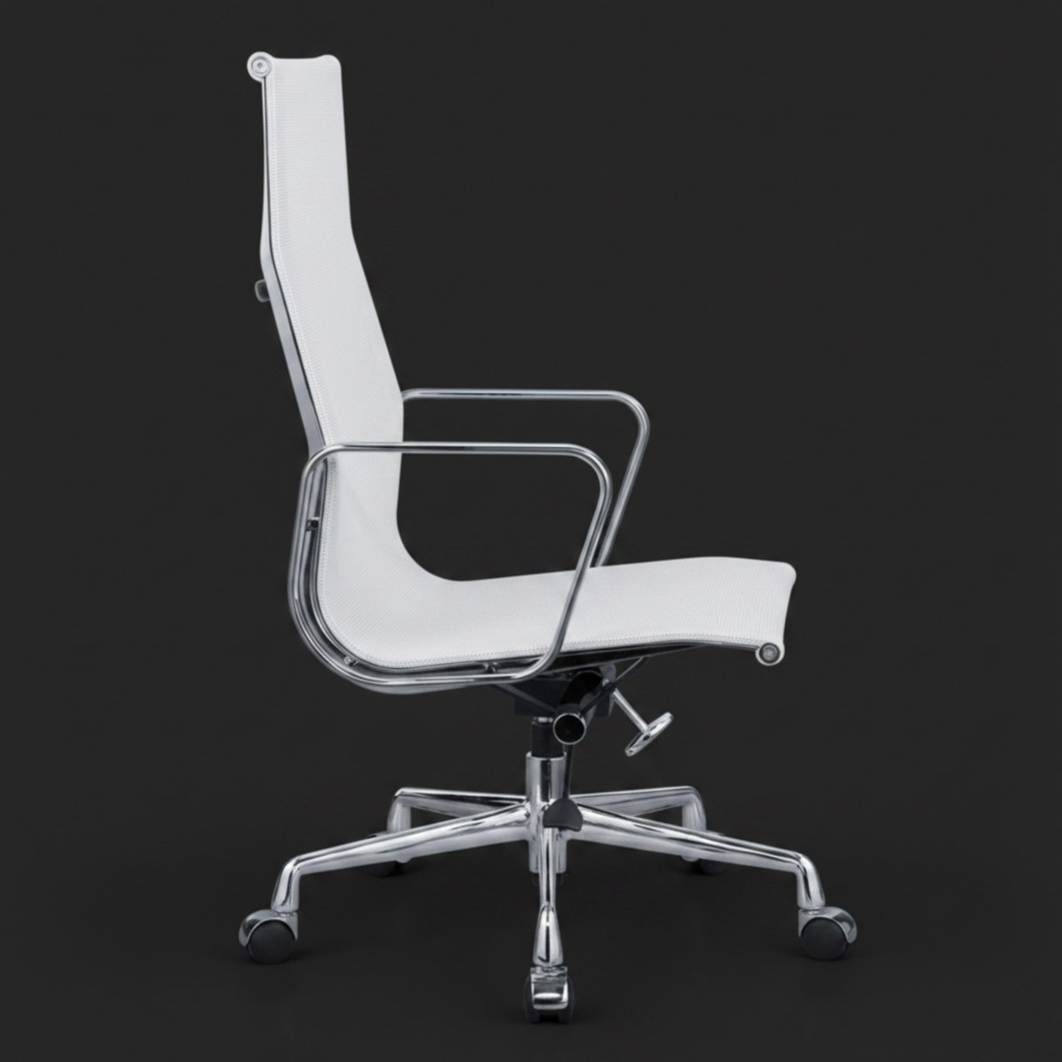 A modern high-back office chair with a white upholstered seat and backrest, supported by a polished chrome five-star base with black casters.