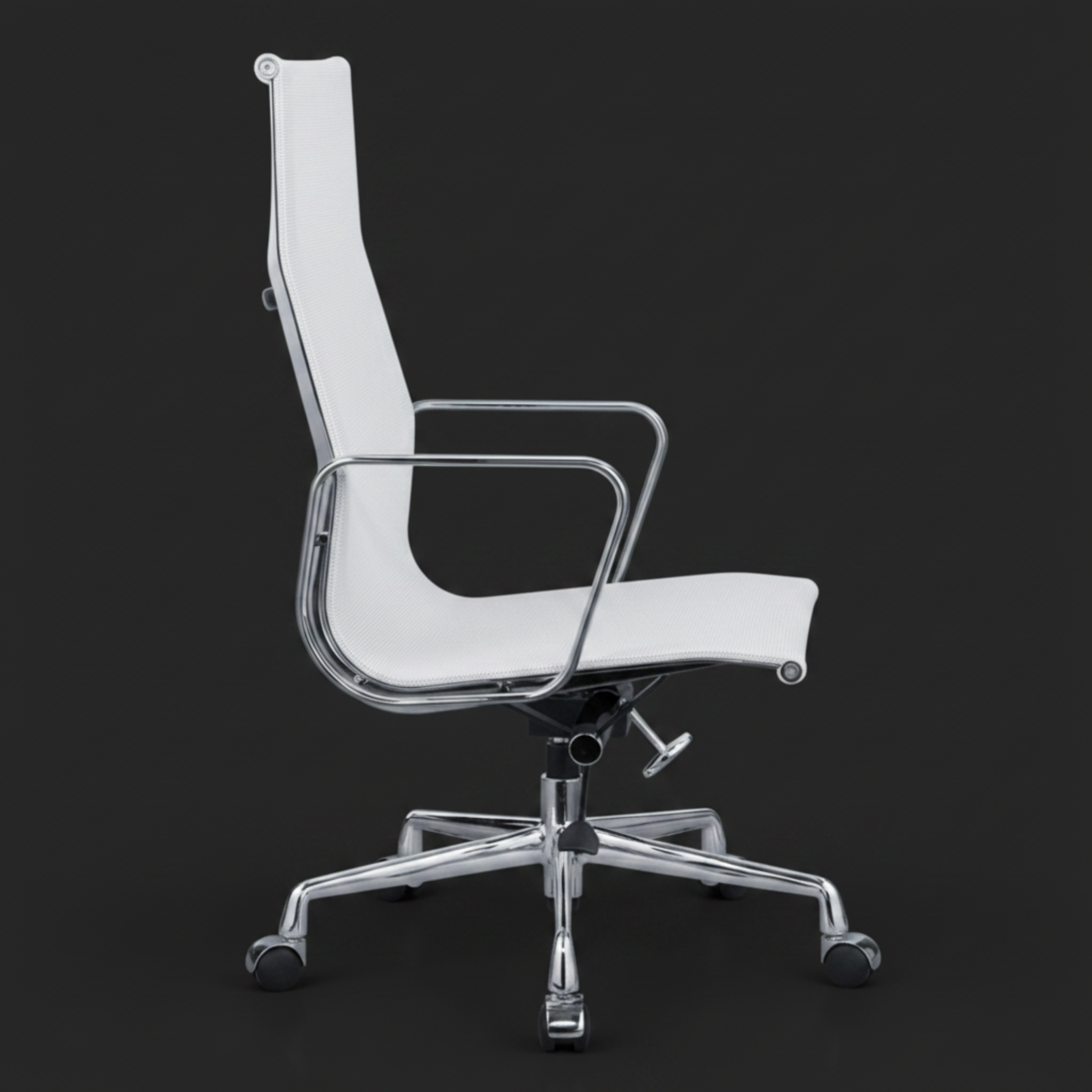 A modern high-back office chair with a white upholstered seat and backrest, supported by a polished chrome five-star base with black casters.