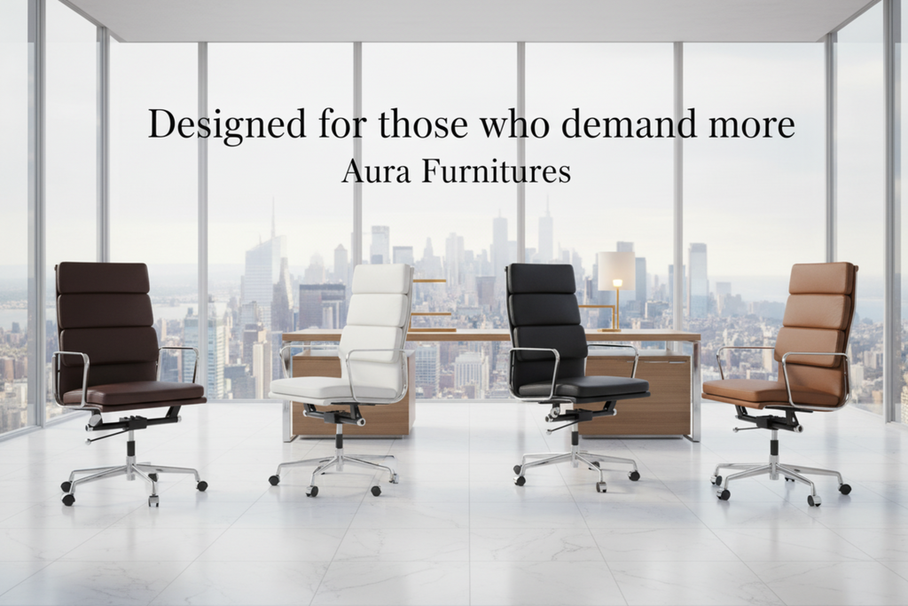 Four modern office chairs in brown, white, black, and tan leather are arranged in a bright, minimalist office with a city skyline view outside.