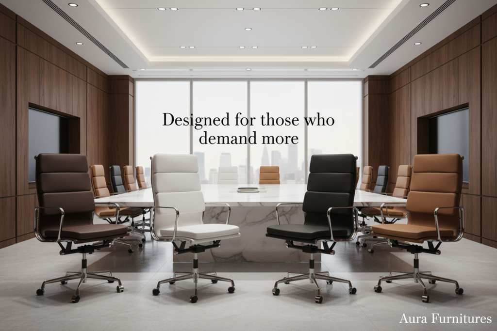 A modern conference room with a large white marble conference table and multiple high-back office chairs in brown, black, and white leather.