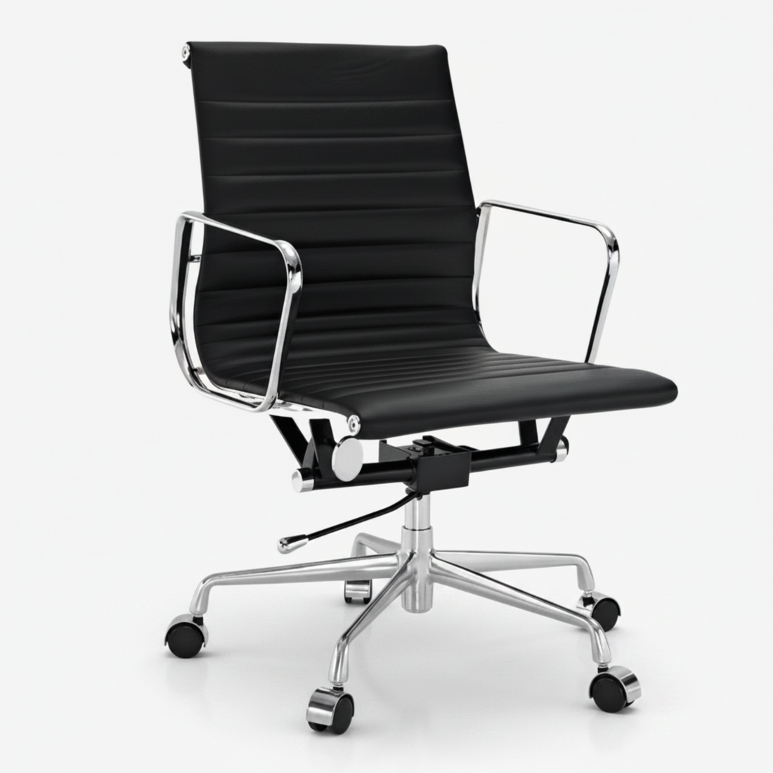 A modern black leather office chair with a high ribbed backrest, chrome metal armrests, and a five-star wheeled base