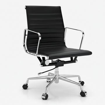 A modern black leather office chair with a high ribbed backrest, chrome metal armrests, and a five-star wheeled base