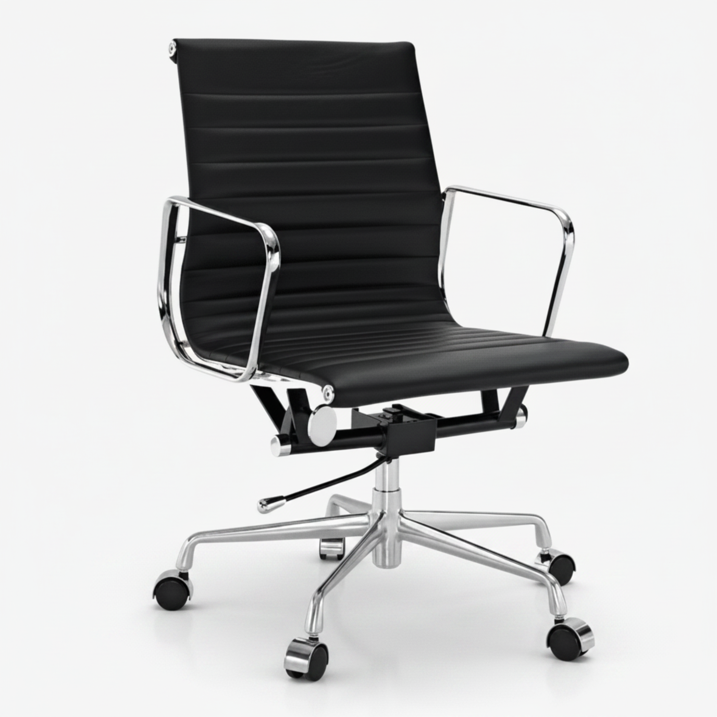 A modern black leather office chair with a high ribbed backrest, chrome metal armrests, and a five-star wheeled base